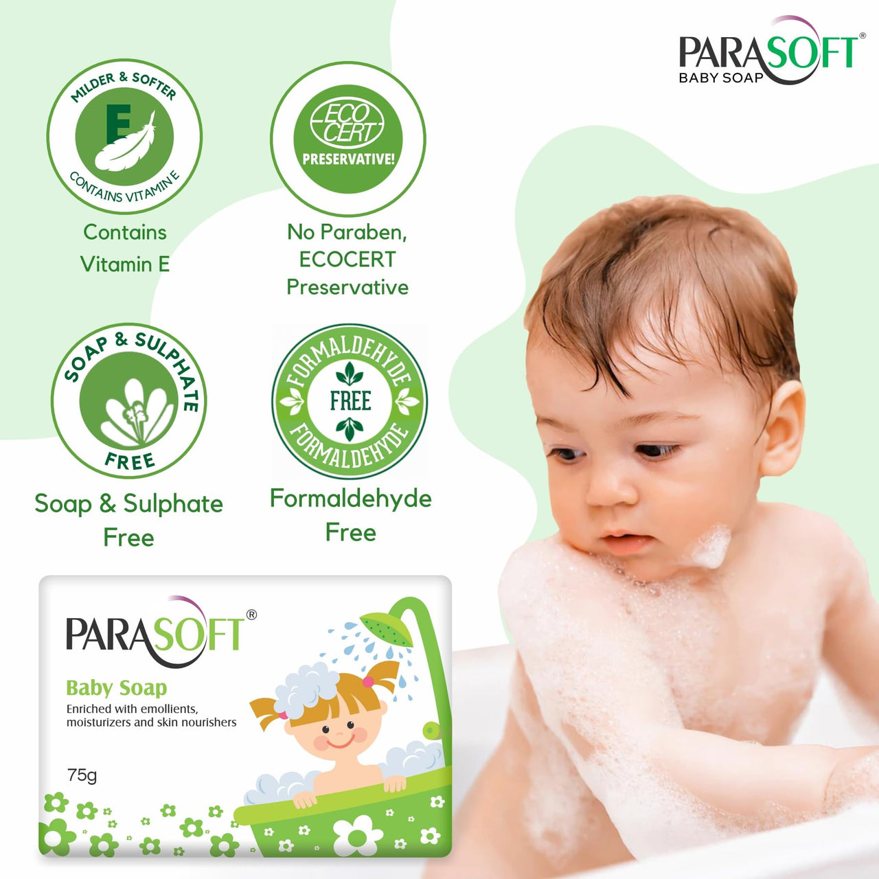 Parasoft Baby Soap Mild & Gentle Daily Moisturizing, Cleansing and Nourishing Baby Bathing Bar with Jojoba Oil, Almond Oil & Vitamin E for Sensitive Skin - 75 gm(Pack of 4)