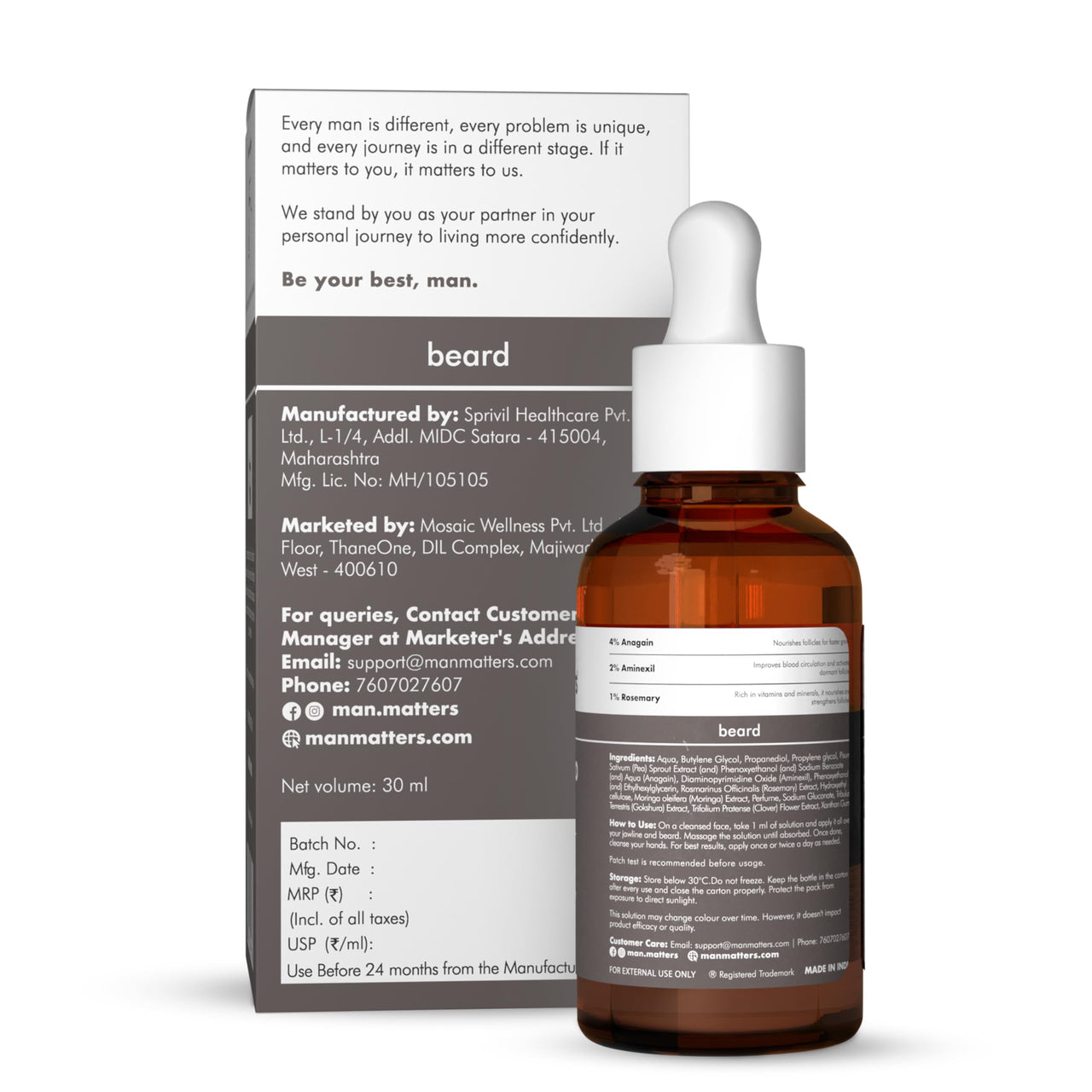 Man Matters Beardgro Oil-In-Serum 30Ml | 4% Anagain, 2% Aminexil & 1% Rosemary | Stronger, Fuller & Thicker Beard Growth | Solves Uneven & Patchy Beard | Lightweight And Fast Absorption, 90 Grams