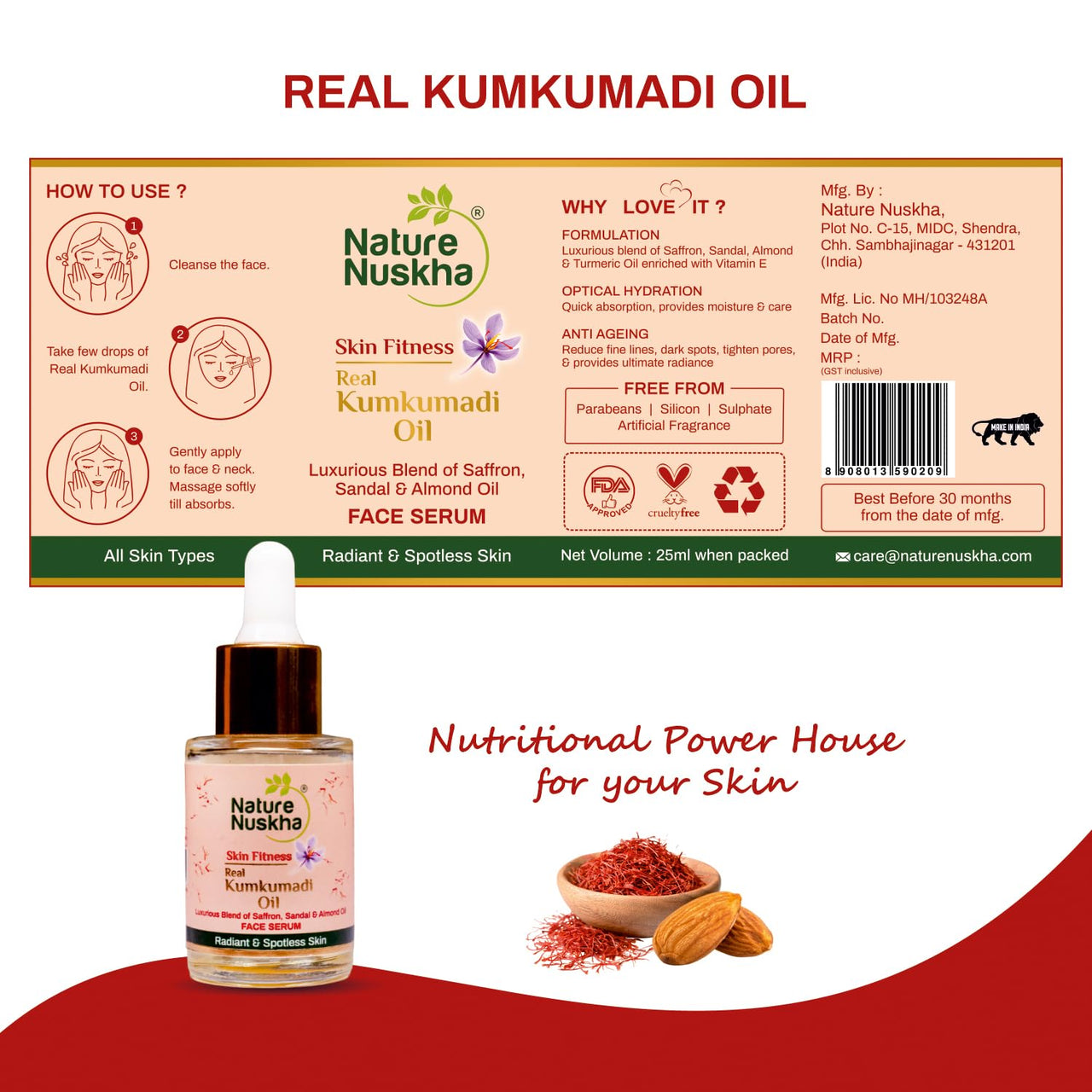 Nature Nuskha Real Kumkumadi Oil 25ml-Anti-Ageing Face Serum with Niacinamide, Folic acid, Vitamins E & C-For Men and Women-Kumkumadi Tailam-Reduces Dark Spots, Evens Skin Tone, Improves Brightness,Makes Skin Soft and Supple