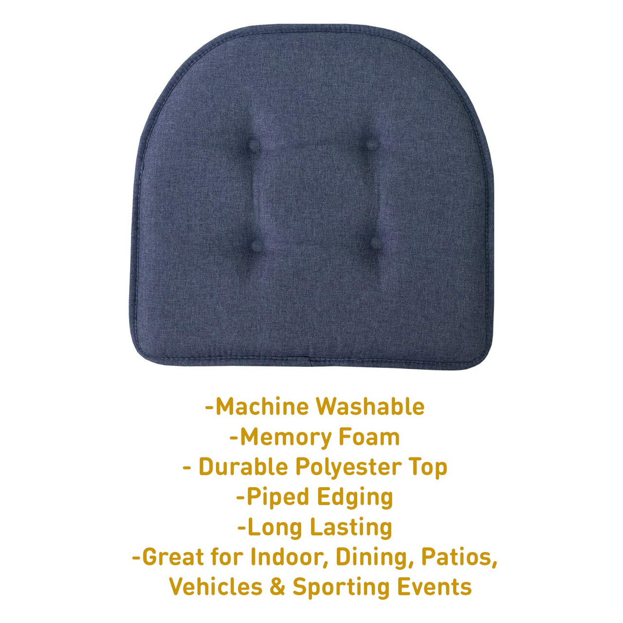 Sweet Home Collection Chair Cushion Memory Foam Pads Tufted Slip Non Skid Rubber Back U-Shaped 17" x 16" Seat Cover, 2 Count (Pack of 1), Denim Blue 2 Pack