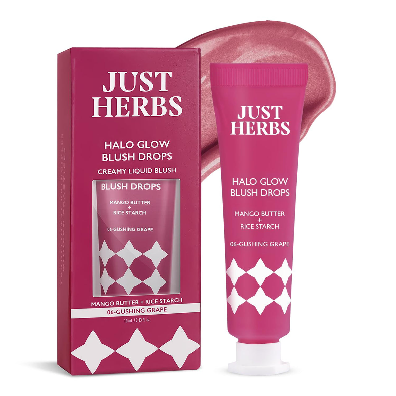 Just herbs Halo Glow Drop Blush Mango Butter + Rice Starch, Weightless Creamy Liquid Blush 10 ml (Gushing Grape)