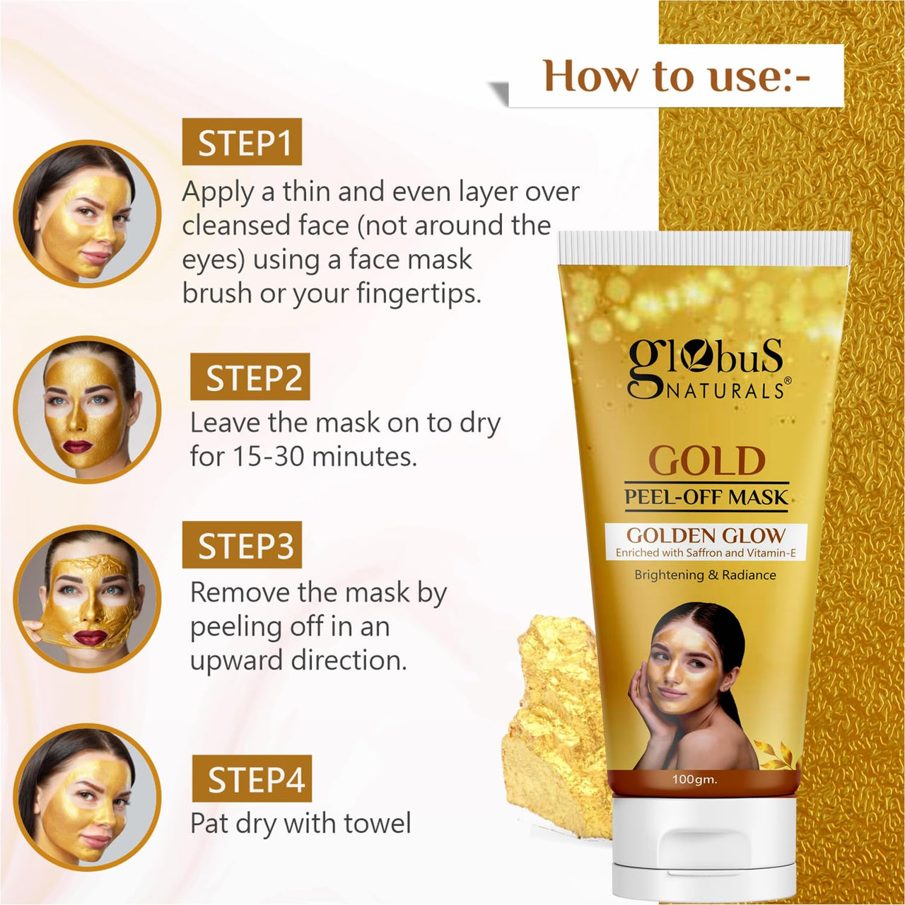Globus Naturals Gold Peel Off Mask Enriched with Vitamin-E, For Golden Glow & Radiance, For Both Men & Women, Suitable For All Skin Types, 100g, Pack Of 3