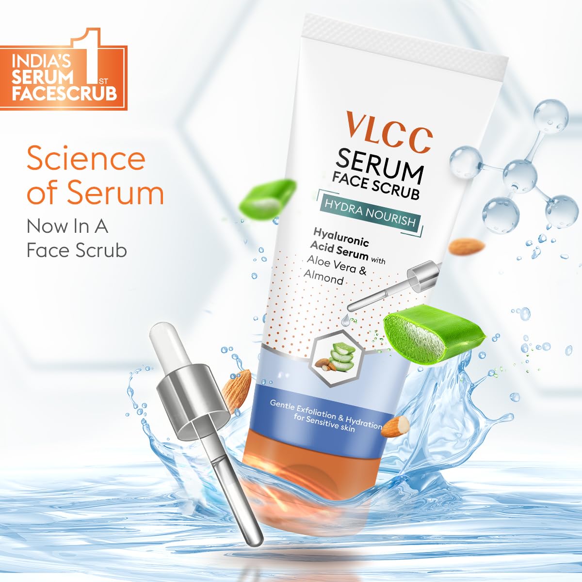 VLCC Hydra Nourish Scrub with Hyaluronic Acid Serum - 150g - AloeVera & Almond | Deep Hydrating & Exfoliating Face Scrub | Hydrates Skin, Reduces Dullness and Plumps Skin | Suitable for All Skin Types