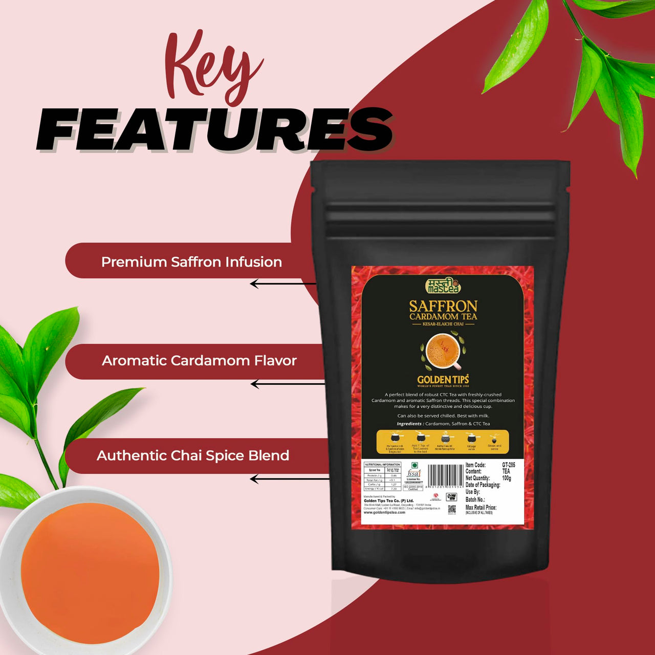 Golden Tips Saffron(Kesar) Cardamom (Elaichi) Exotic Indian Masala Chai CTC Black Tea (40 Cups), 100 g