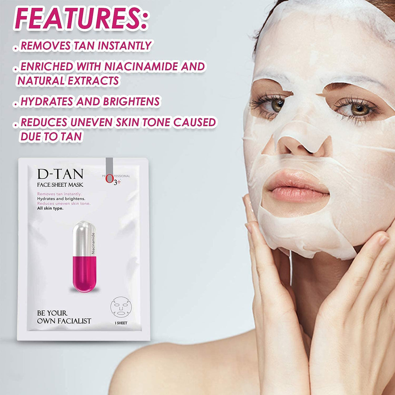 O3+ Facialist Dtan Face Sheet Mask With Niacinamide reduced dark spots, acne scars, and discoloration while giving ultimate brightening (30g)