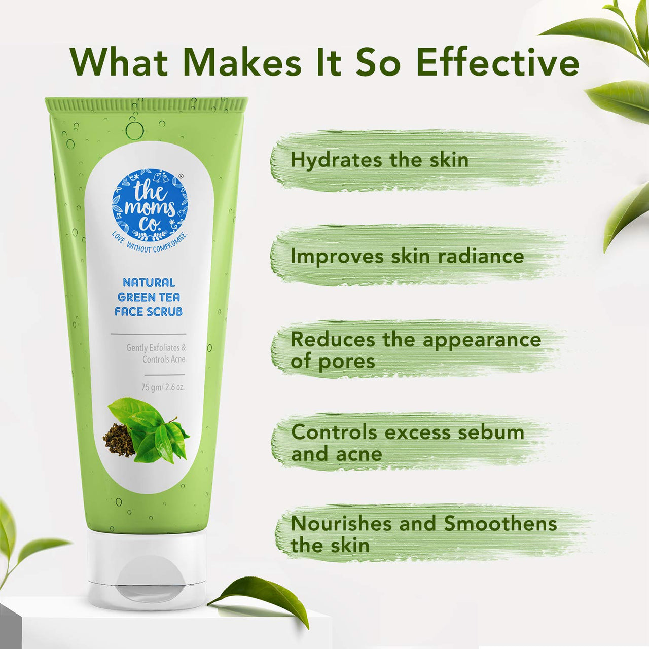The Moms Co. Natural Green Tea Face Scrub I Control Acne & Gentle Exfoliation l With Tagua Nut, Black Sand and Vitamin C l All Skin Types (75 gms)