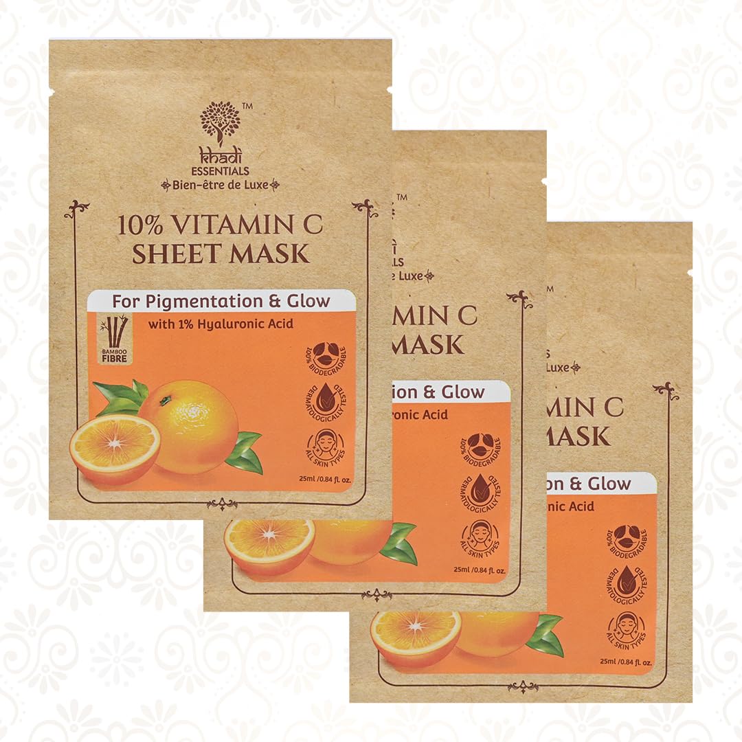 Khadi Essentials Ayurvedic Vitamin C Face Sheet Mask For Women & Men For Detan & Detox with Hyaluronic Acid (Pack of 3 * 25g)