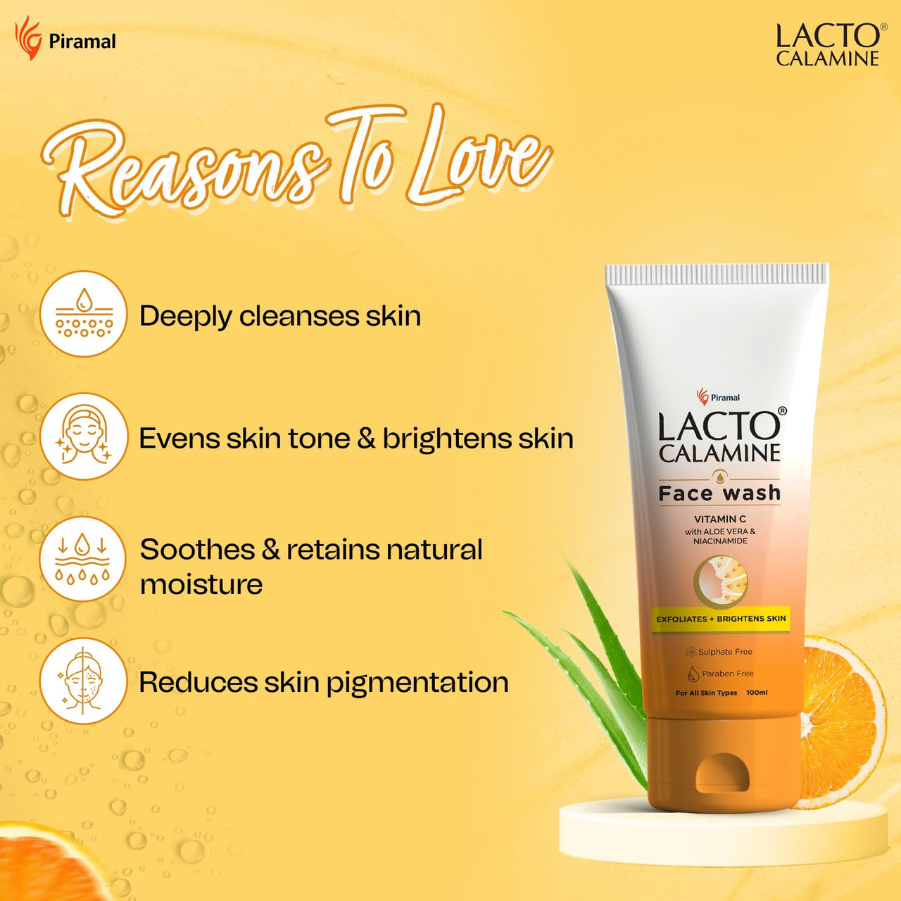 Lacto Calamine Vitamin C Face Wash | Pack of 1 x 100ml | Aloe Vera & Niacinamide Face Wash for Glowing Skin | Facewash that Exfoliates Skin & Reduces Pigmentation | No Parabens, No Sulphates
