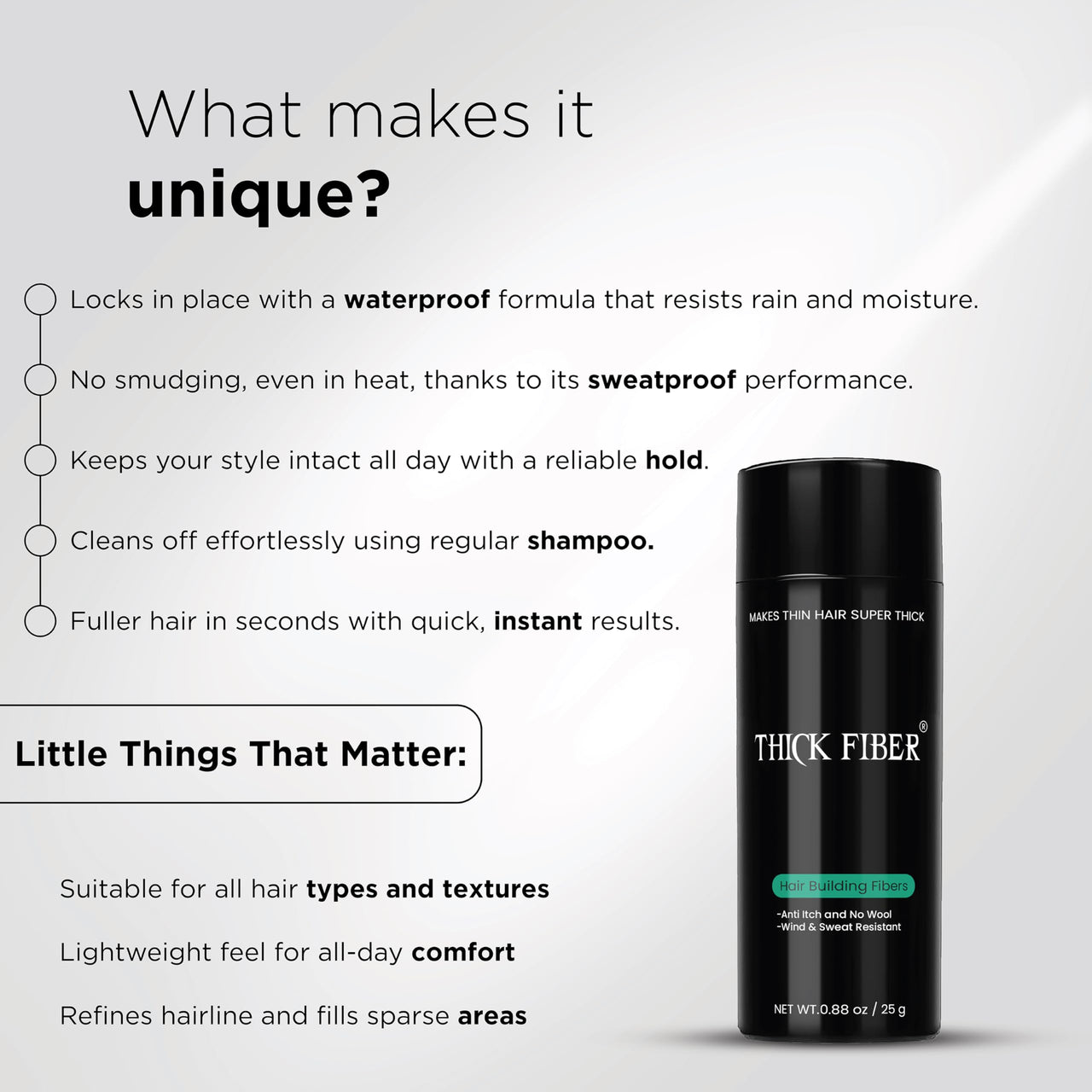 THICK FIBER - Fibers for Thinning Hair & Bald spots (BLACK, Pack of 3) - 25g Bottle - Conceals Hair Loss in Seconds For Women & Men