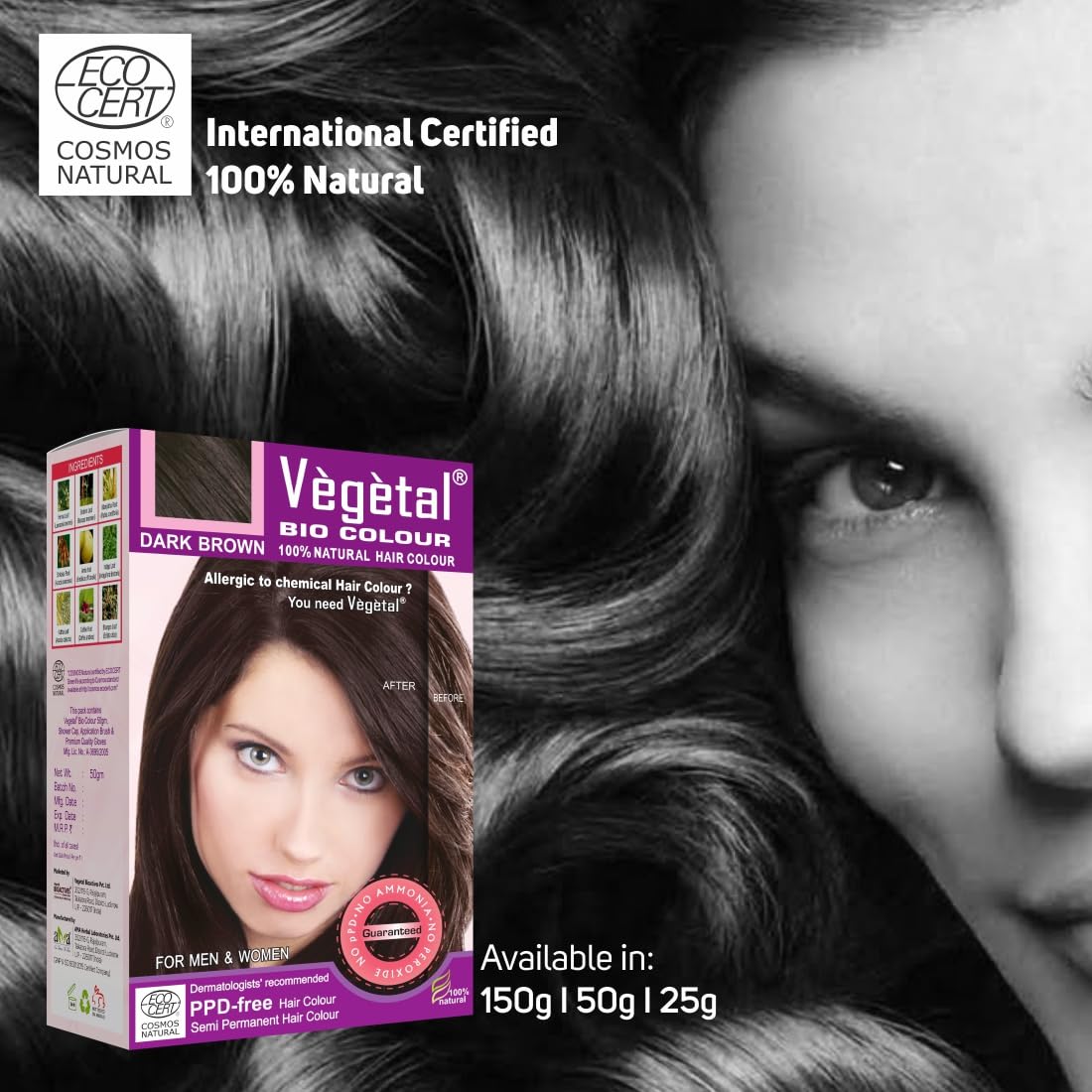Vegetal Bio Hair Colour - Dark Brown 50g Achieve Natural, Ammonia-Free Hair Color PPD-Free, 100% Herbal Certified Organic for Men and Women UV Protection and Luster Maintenance Complete Kit