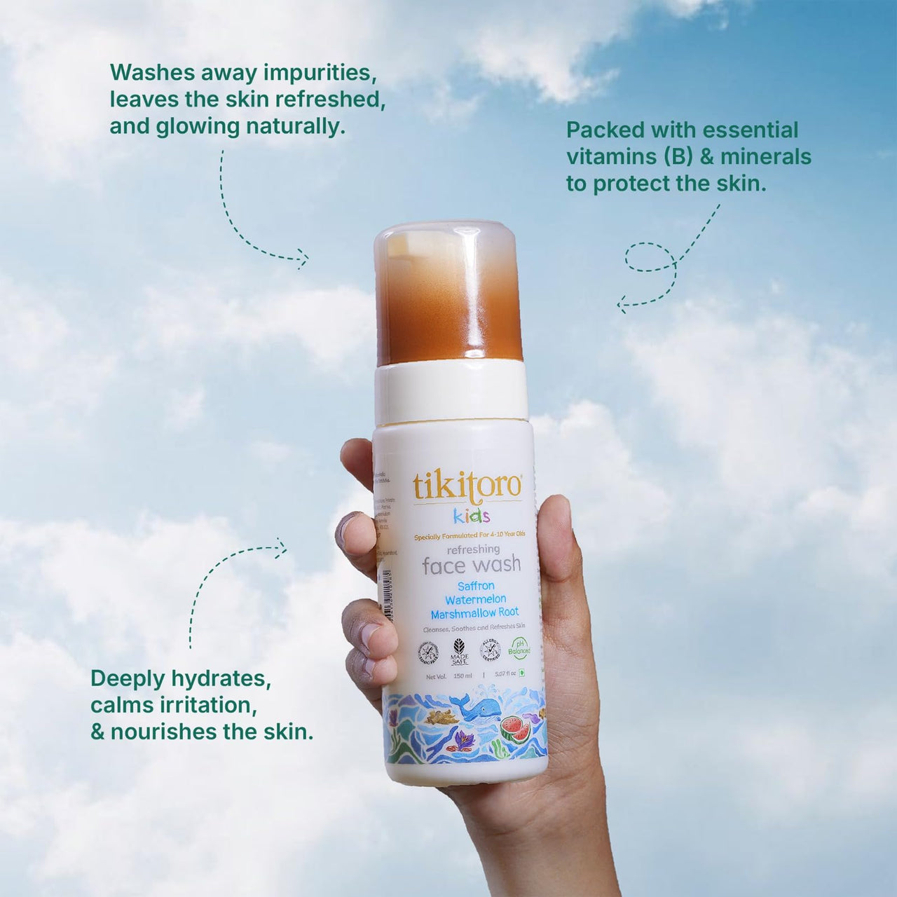 Tikitoro Kids Refreshing face wash| Pediatrician Approved | 100% Vegan with Saffron, Watermelon and Marshmallow Root | Cleanses, Purifies & Moisturises Skin | No Parabens & Sulphates (150 ml)