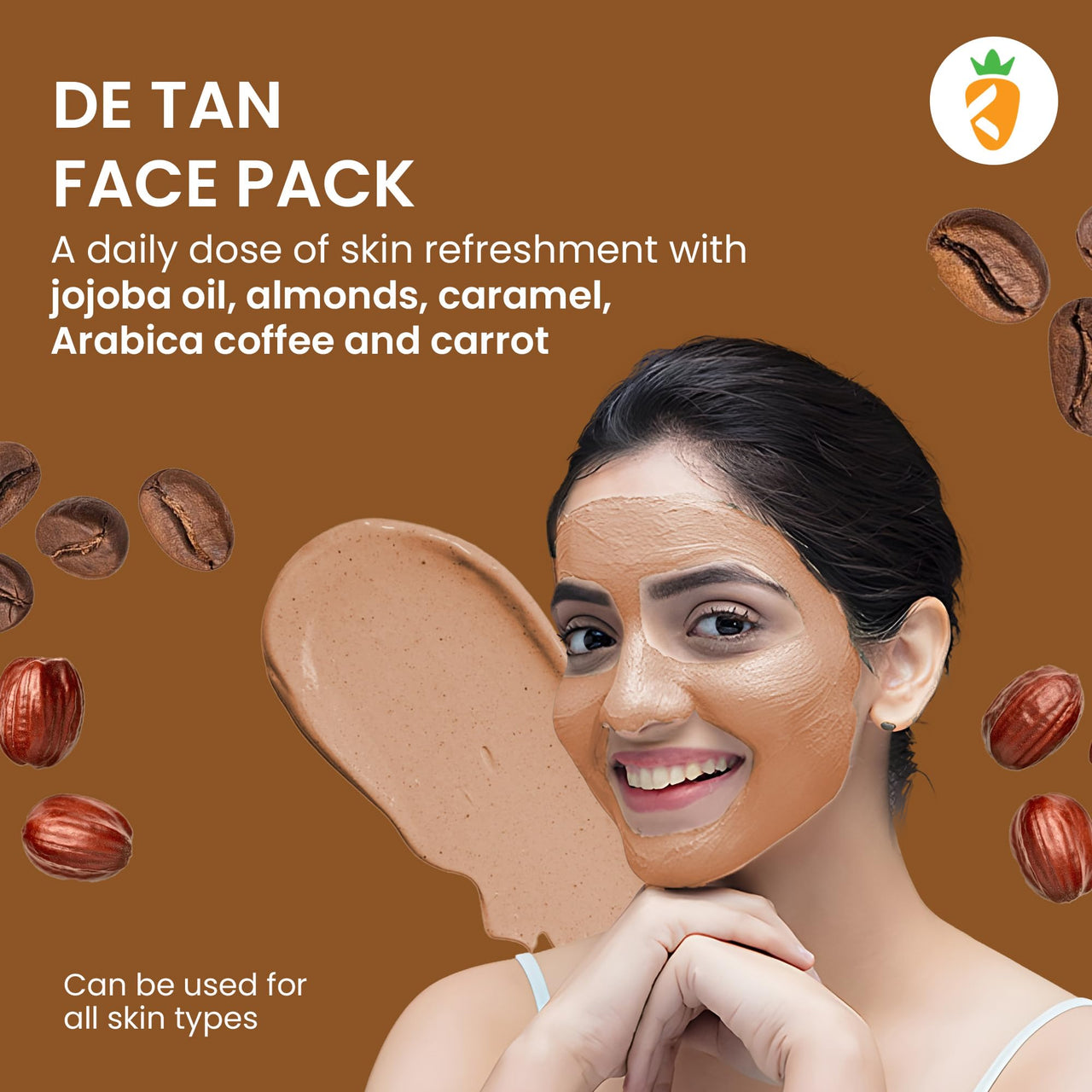Karrot Natural Skincare Coffee De Tan Face Pack, Removes Tanning, Tightens Pores and Smoothens Texture, Contains Shea Butter, Carrot Seed Oil, Jojoba Oil, For Women and Men, All Skin Types, 100gms