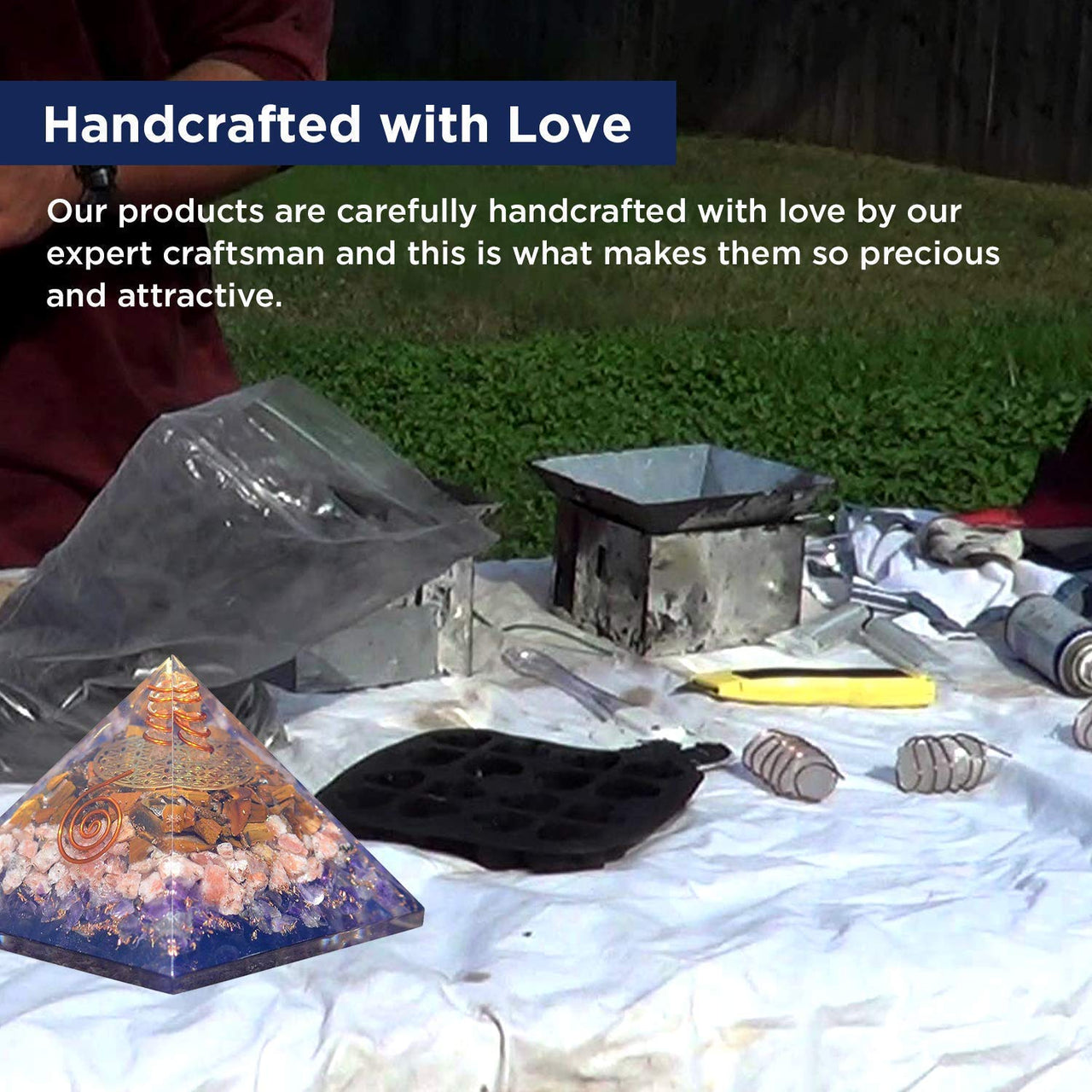 Orgonite Crystal Ultimate Triple Pyramid with Tiger Eye, Sunstone and Amethyst Healing Crystals