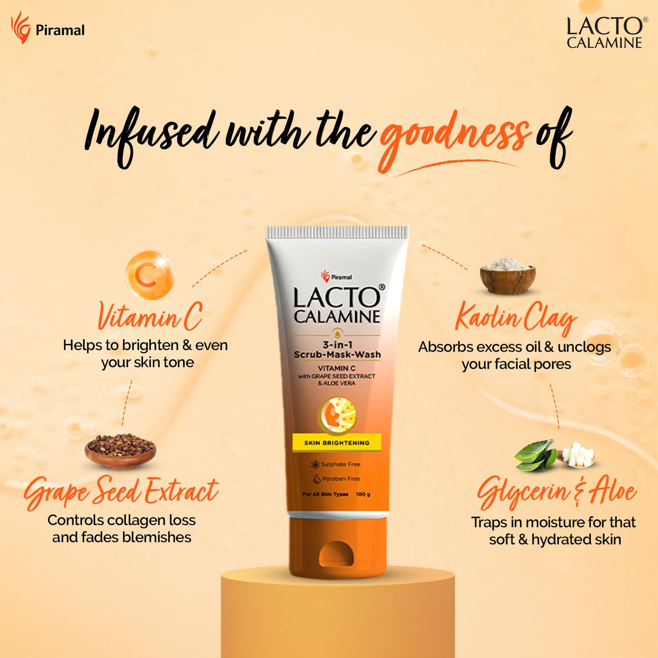 Lacto Calamine 3-in-1 Vitamin C Face Scrub-Mask-Wash for Skin Brightening Effect | 100ml x 1 | Multi-action Vitamin C Face Wash, Face Scrub, Face Mask with Kaolin Clay, Grape Seed Extract & Aloe Vera