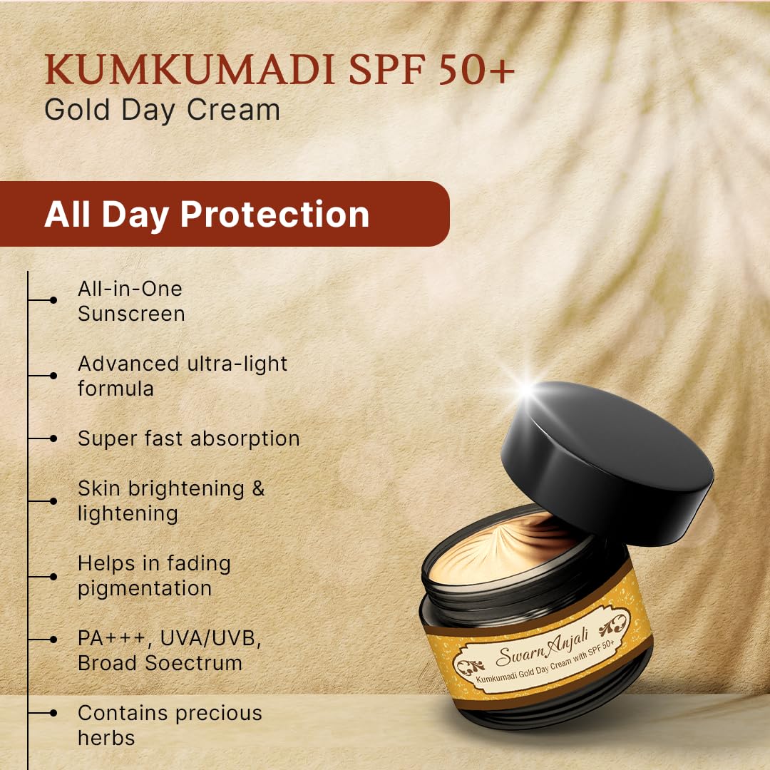 Herbs & Greens Kumkumadi SPF 50 UVA/UVB. PA++++ Gold Face Cream With 24k Gold | Lab Tested Broad Spectrum Protection | Skin Brightening Dark Spots/ Pigmentation, Anti Aging Hydrating Moisturizer For Woman & Men | Oily, Dry, Acne Prone Skin, Dermatological