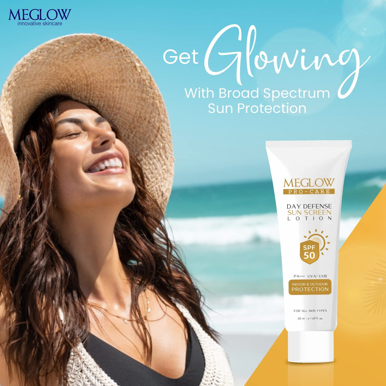Meglow Pro-Care SPF 50 PA+++ Sunscreen Lotion for Face & Body (50ml) – Broad Spectrum UVA/UVB Protection & Blue Light Defense, Intense Hydration for All Skin Types