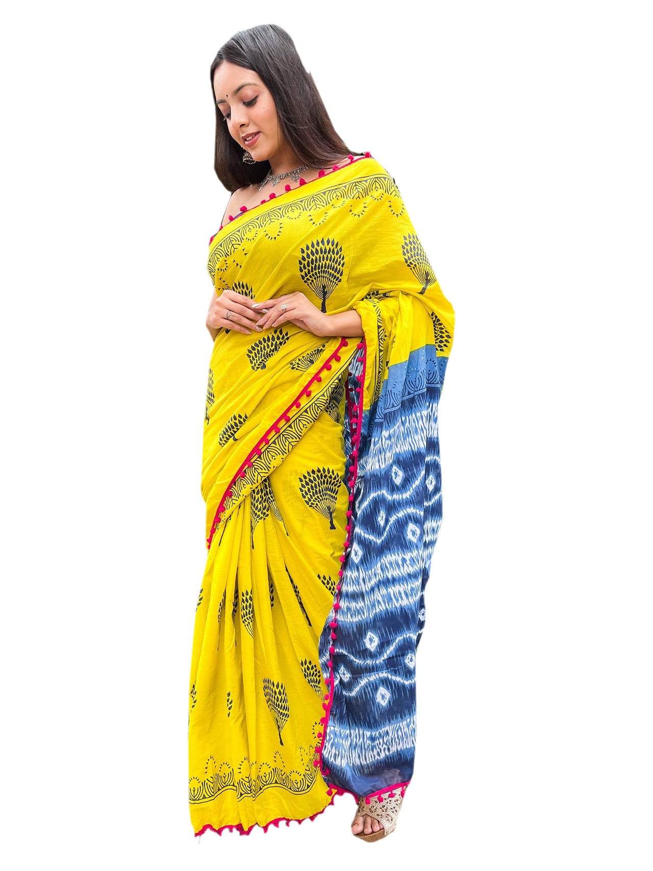 Shivanya Handicrafts Cotton Mulmul Saree for Women Attached Pom Pom Lace Red & Black 1