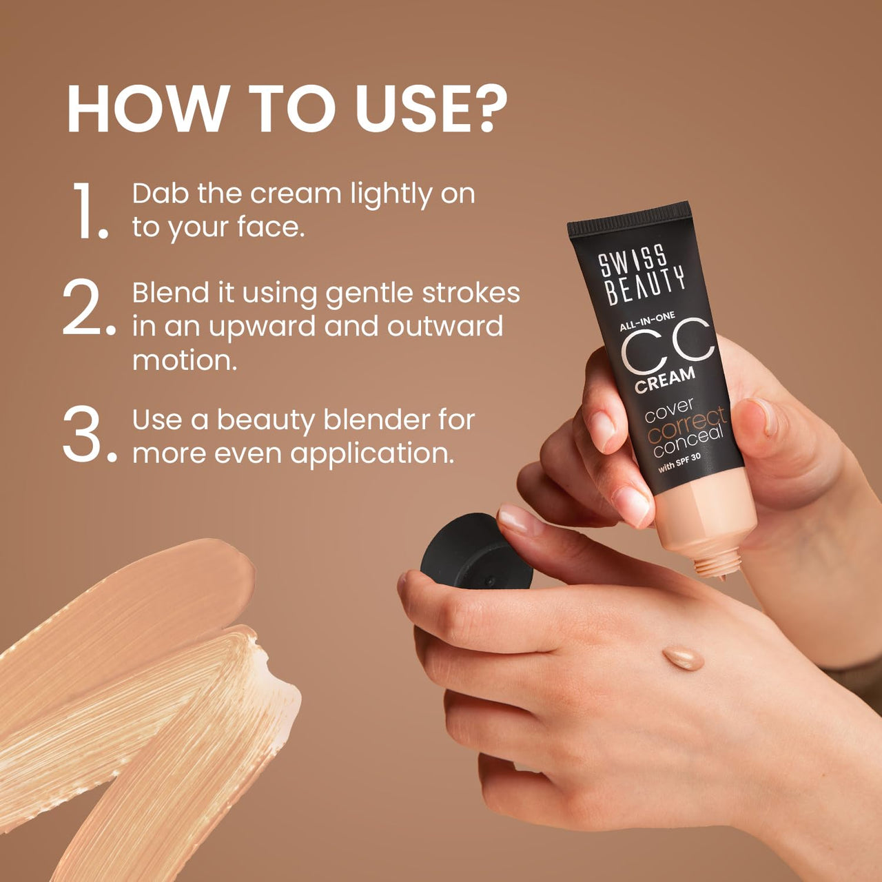 Swiss Beauty All-In-One Lightweight CC Cream with SPF 30 | Cover, Correct and Conceal | For Natural, Medium coverage | Shade- 02 Soft Ivory, 25g |