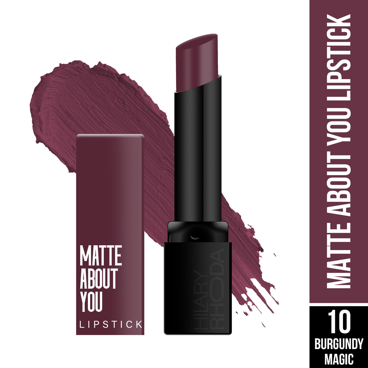 Hilary Rhoda Matte About You Lipstick | Long Lasting & Highly Pigmented Lipstick | Glides Smoothly | Matte Finish | One Stroke Application | Cruelty-Free & Vegan - 3g (Burgundy Magic - Shade 10)