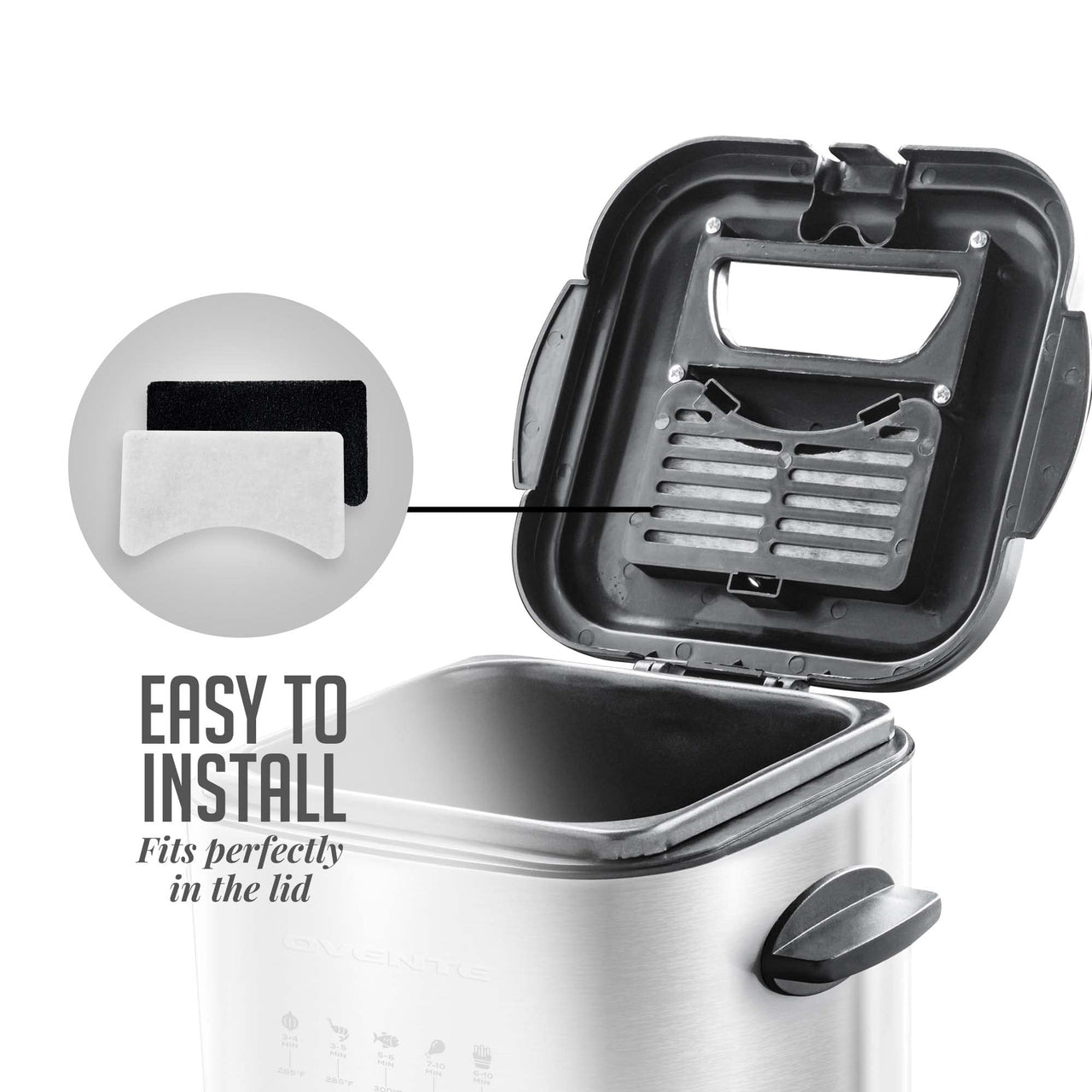 OVENTE 1.5 Liter Electric Deep Fryer FDM1501BR Charcoal and Oil Vapor Replacement Filter Set Pack of 3, White and Black ACPFDM1503, 1.5L