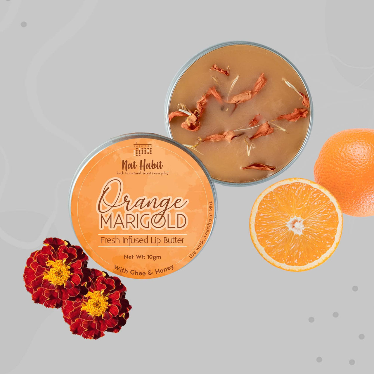 Nat Habit Orange Marigold Lip Balm Fresh Infused Lip Butter With Desi Ghee & Raw Honey For Lip Pigmentation, Lightening, Lip Repair, Dark And Chapped Lips (10gm) (Pack of 2)