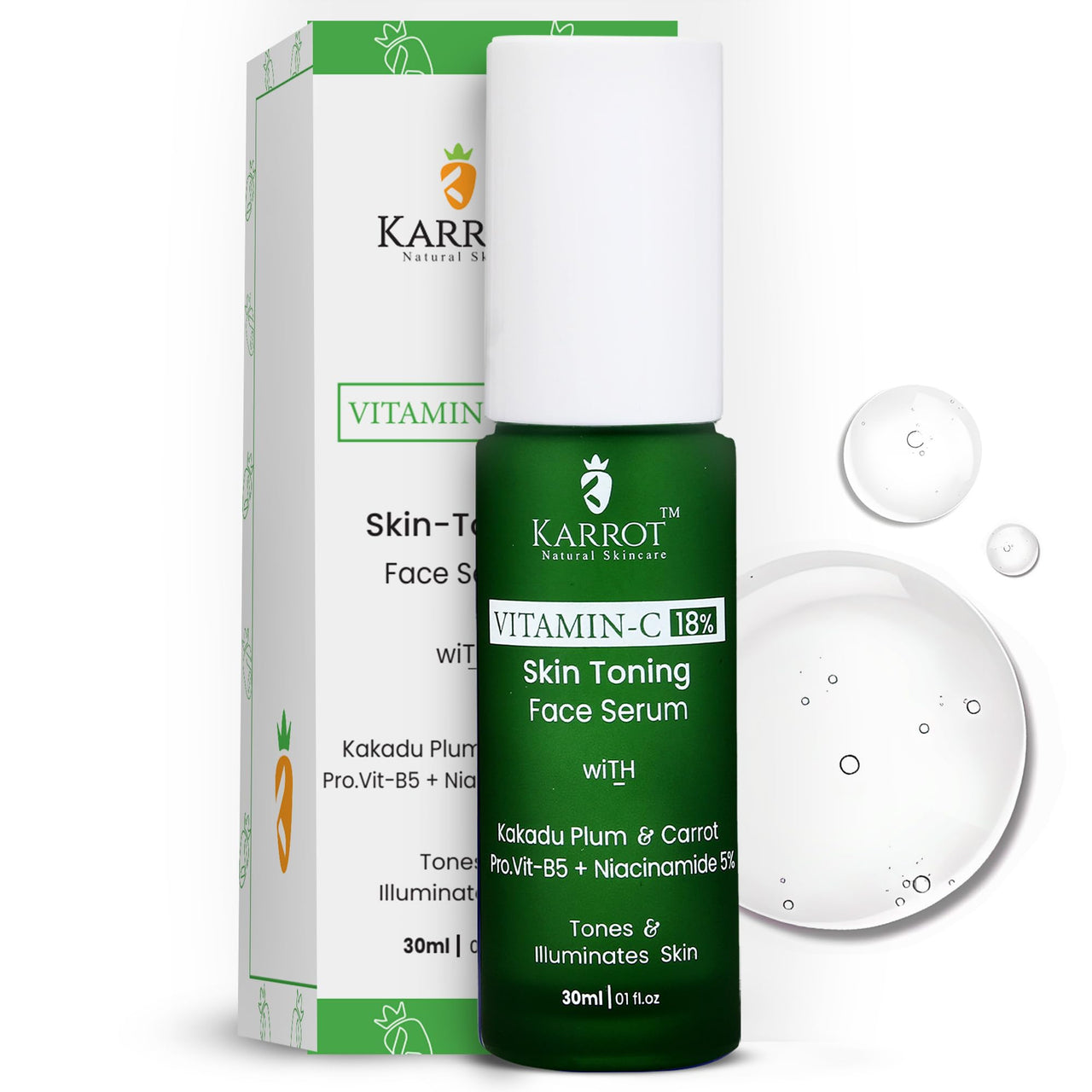 Karrot Natural Skincare Vitamin C Face Serum, 18% Concentration, Reduces Dark Spots, Improves Tone, Boosts Brightness, Contains Niacinamide, Green Tea, For Men and Women, All Skin Types, 30ml