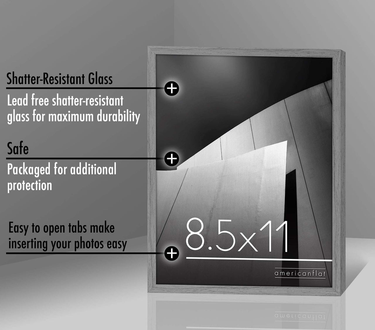 Americanflat 8.5x11 Picture Frame in Grey - Thin Border Photo Frame with Shatter-Resistant Glass, Hanging Hardware, and Built-in Easel for Horizontal or Vertical Display Formats for Wall or Tabletop