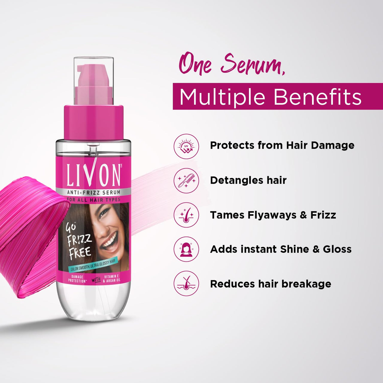 Livon Hair Serum, For Dry & Frizzy Hair | Provides shine, smoothness & damage protection| Leave in serum for women & Men| With Vitamin E & Argan Oil | 100ml Pack of 2