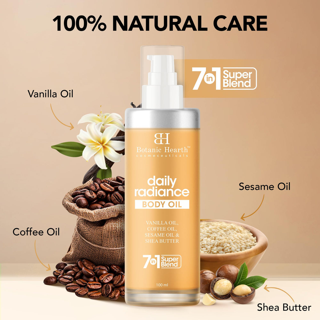 Botanic Hearth Daily Radiance Body Oil 100 ml - Lightweight Hydrating Oil with Vanilla, Coffee, Sesame Oil & Shea Butter for Glowing Skin for Men & Women - in a Premium Glass Bottle