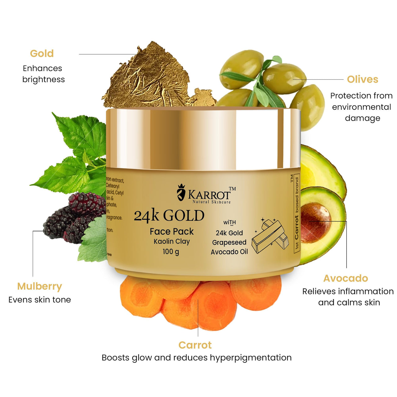 Karrot Natural Skincare 24K Gold Face Pack for Bright and Glowing Skin, Hydrates and Replenishes Cell Growth, Contains Avocado Oil, Sandalwood, Honey, For Women and Men, All Skin Types, 100gms