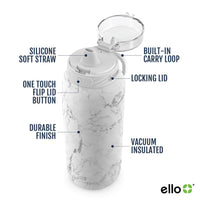 Ello Cooper Stainless Steel Water Bottle with Straw and Carry Handle, Double Walled and Vacuum Insulated Metal, Leak Proof Locking Lid with Soft Silicone Spout, Reusable, BPA Free, 22oz, 32oz, 40oz White Marble