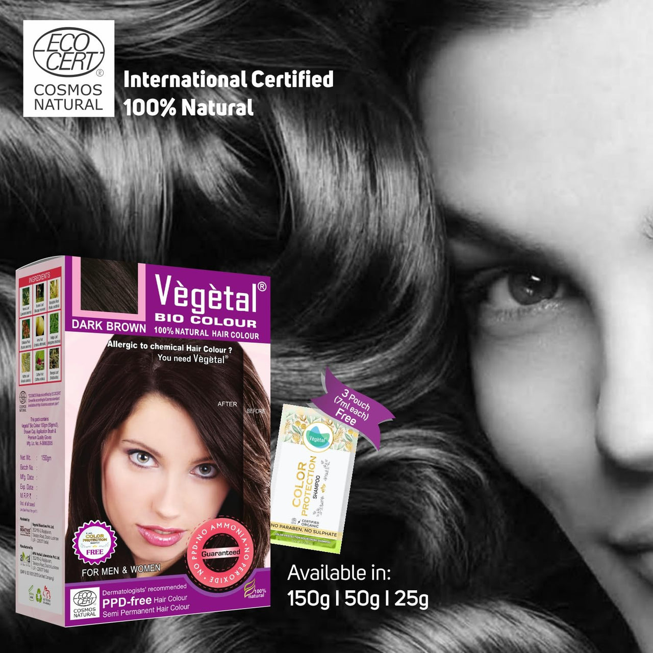 Vegetal Bio Hair Colour - Dark Brown 150g Achieve Natural, Ammonia-Free Hair Color PPD-Free, 100% Herbal Certified Organic for Men and Women UV Protection and Luster Maintenance Complete Kit