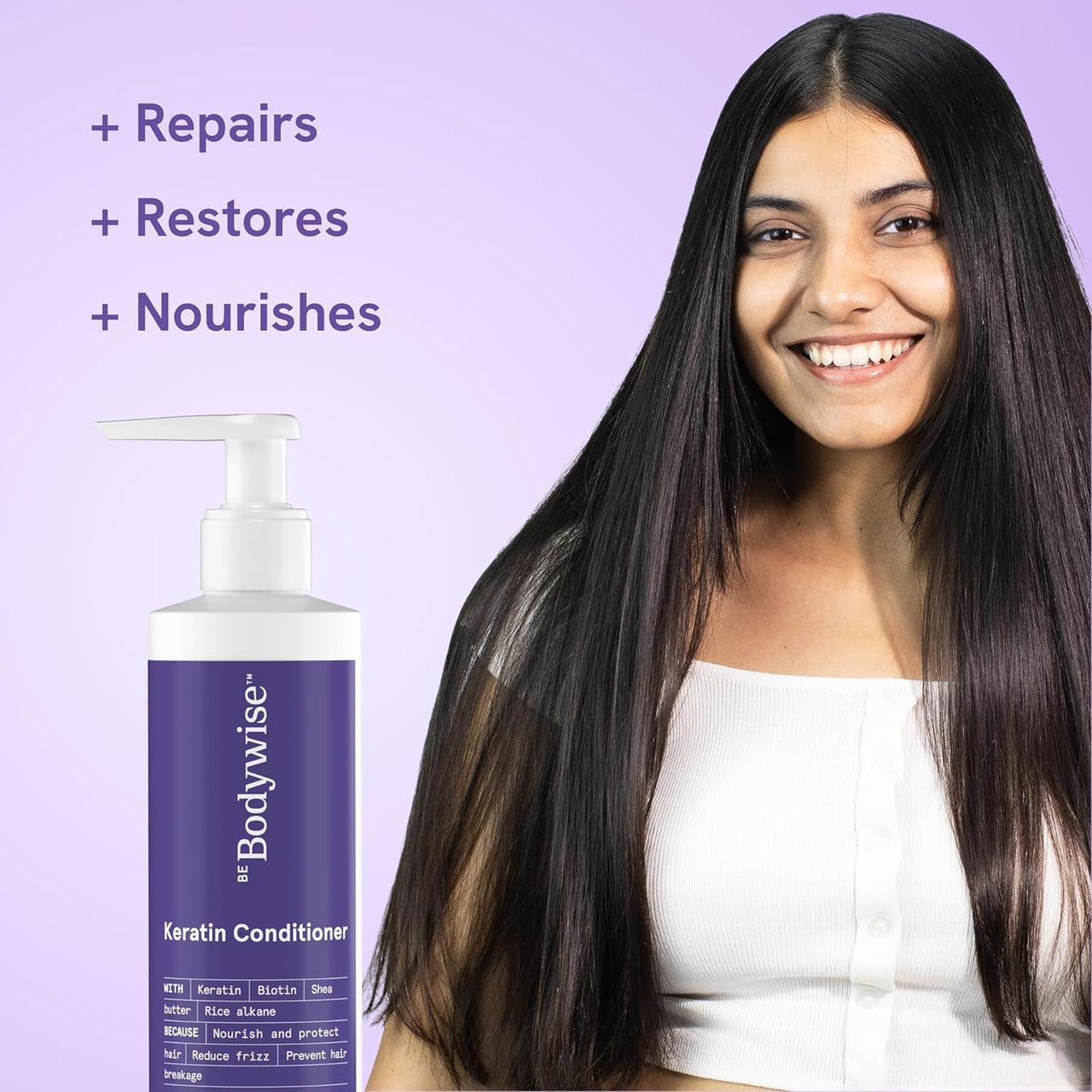 Be Bodywise Keratin Hair Fall Control Shampoo & Conditioner | Ultra Smoothing Shampoo + Conditioner with Niacinamide, Biotin, Argon Oil, Shea Butter & Caffeine | Paraben & SLS free, 450ml.