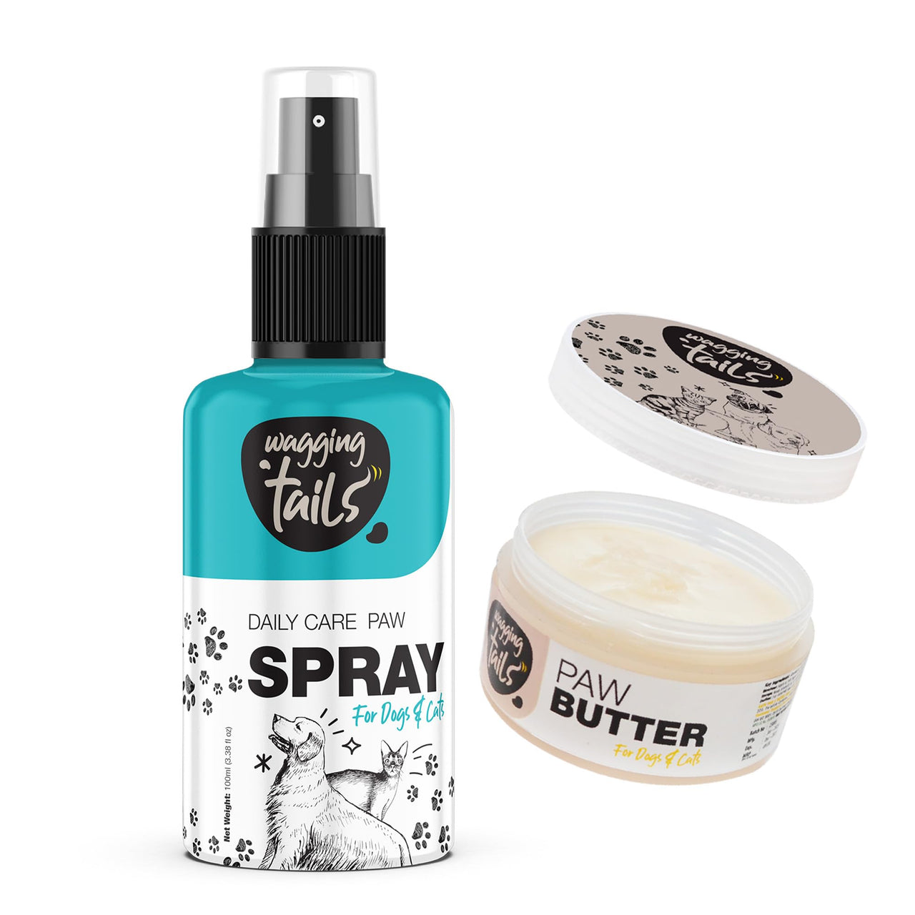 Wagging Tails 2 in 1 combo for pets|Paw Spray 100ml + Paw Butter 50Gm| Paw Spray for Dirty & Muddy Paws | Paw Butter for Heal & Repair Cracked Paws |Natural Grooming Combo for Dogs, Cats & Puppies Paw