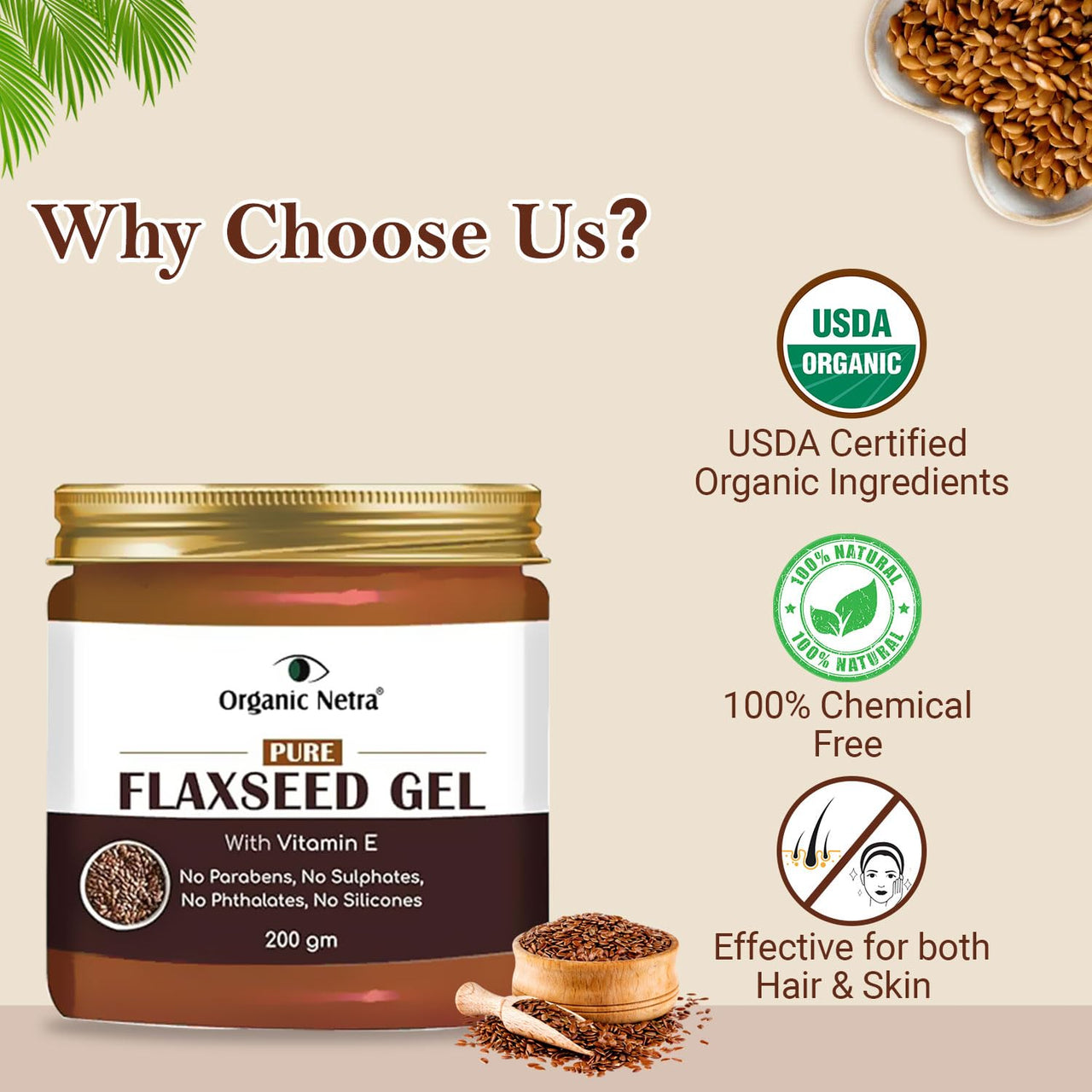 Organic Netra Pure Flaxseed Gel with Vitamin E for Hair and Skin Strengthens and Nourishes Hair and Skin Health Safe for All Skin Types Reduces Fine Lines and Wrinkles 200g