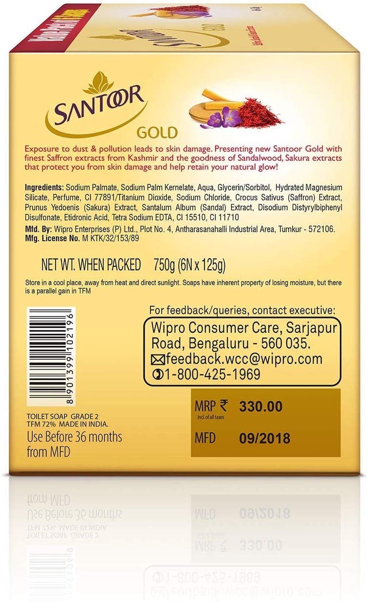 Santoor Aloe Fresh Soap with Aloe Vera and Lime, 125g (Buy 4 Get 1 Free) & Santoor Gold Soap 125g (Pack of 6)