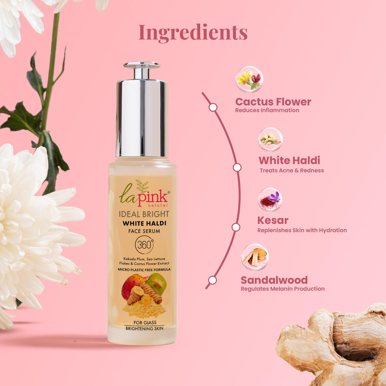La Pink Ideal Bright Face Serum | 100% Microplastic Free Formula | Glass like skin, Lightening, Evens Skin Tone | White Haldi & Kakadu Plum | For Bright Radiant Skin | All Skin Types | 50ml