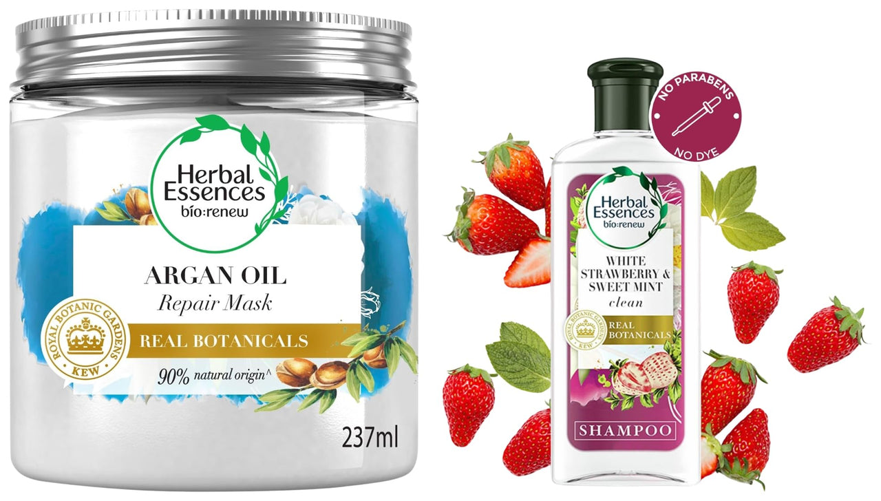 Herbal Essences White Strawberry & Sweet Mint SHAMPOO-For Cleansing and Volume No Colorants 240 ML Argan Oil Hair Mask 237ml