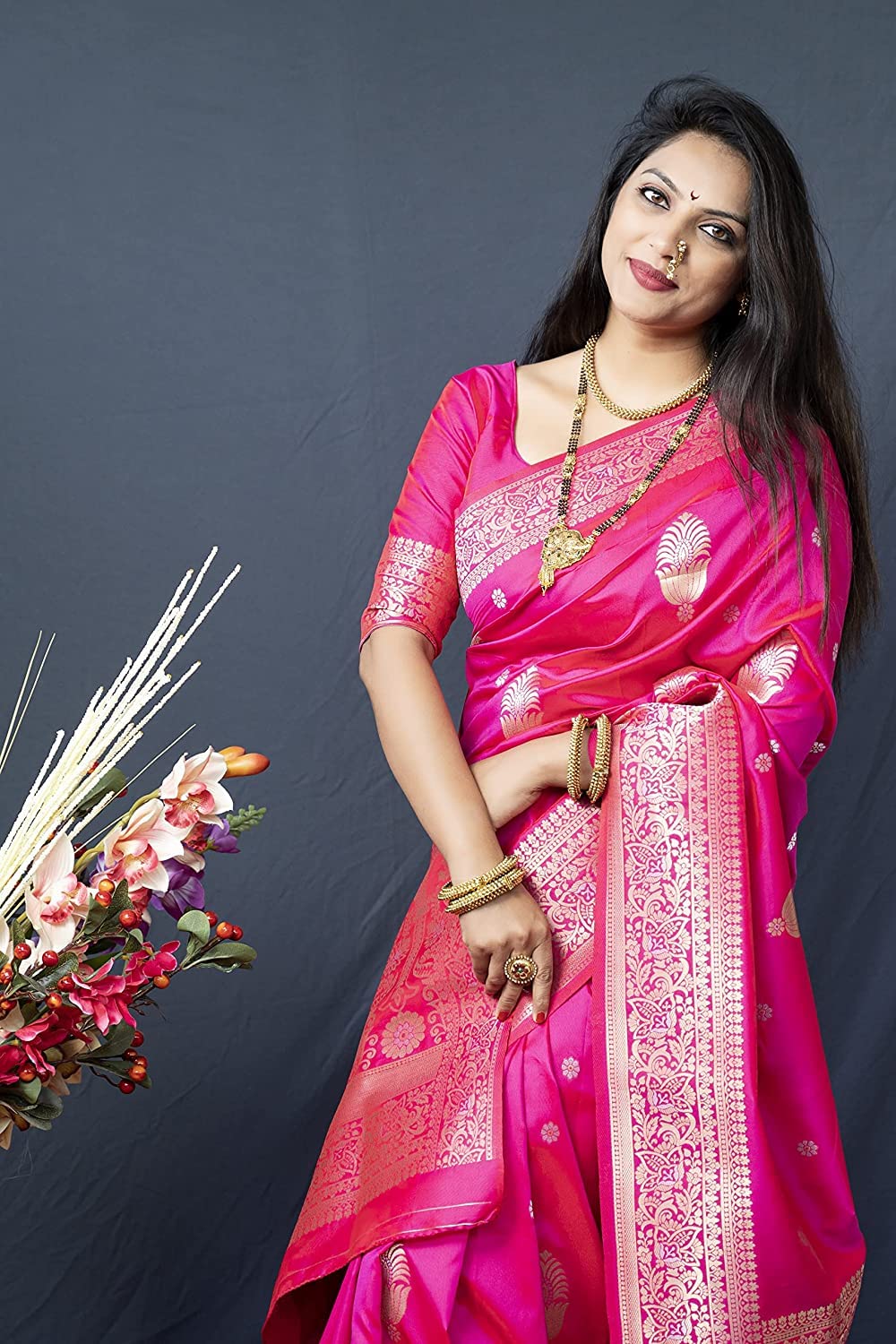 SGF11- Women's  Kanjivaram Pure Soft Silk Handloom Saree Pure Golden Zari With Blouse Piece