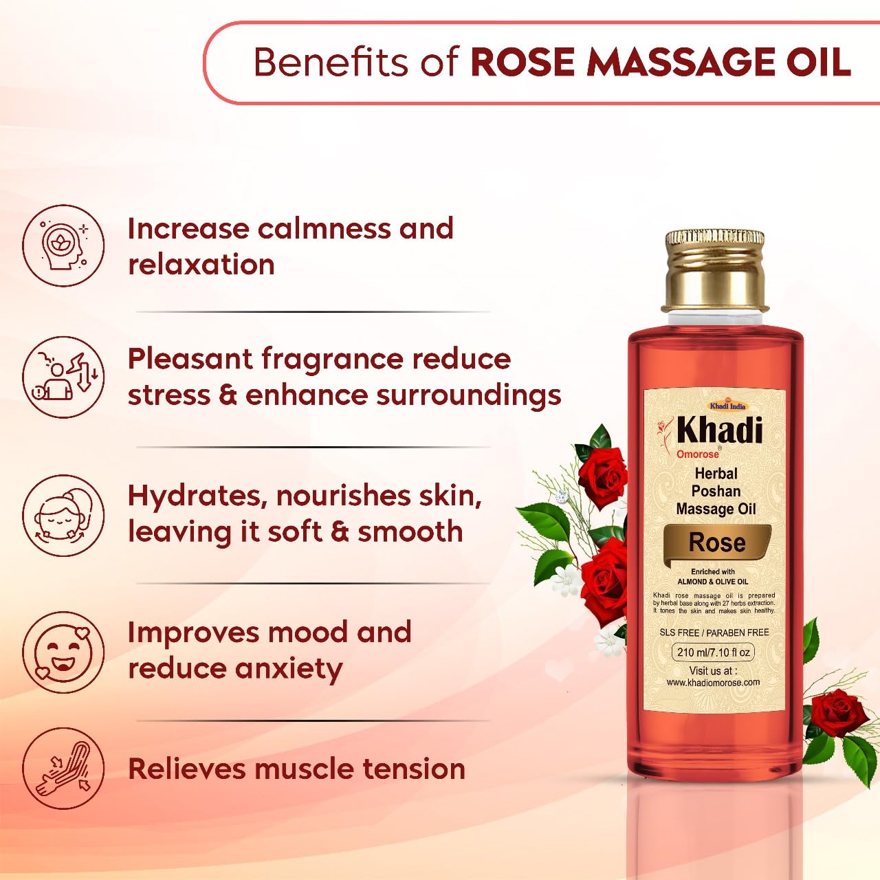 Khadi Omorose Rose massage Oil (Enriched With Almond oil,Olive oil, Jojoba oil, Sesame oil and Vitamin E)-210ml