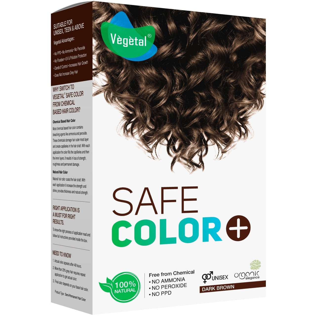 Vegetal Safe Color+ Semi-Permanent Hair Colour, Dark Brown 150g.- Chemical-Free, Natural Ingredients, for women and men