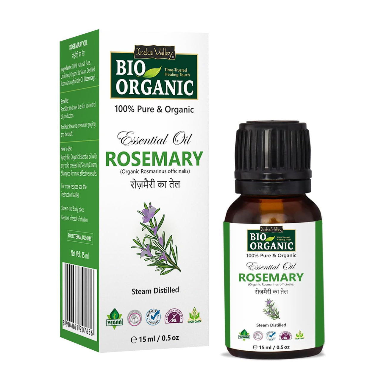 Indus Valley 100% Pure Natural & Organic, Undiluted Rosemary Essential Oil with Glass Dropper for Skin, Hair Care -15ml
