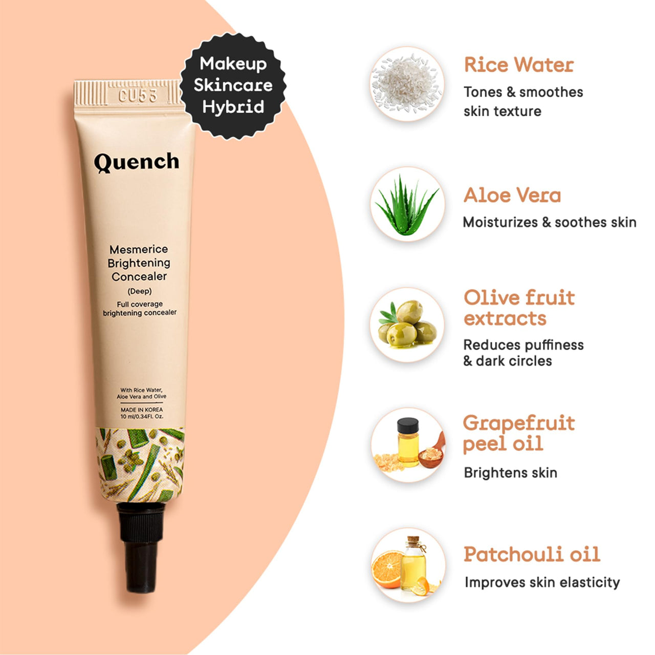 QUENCH BOTANICS Brightening Natural Cream Concealer With Rice Water & Aloe Vera | Conceals Dark Circles & Brightens Under Eyes All Skin| Made In Korea (Deep), 10Ml