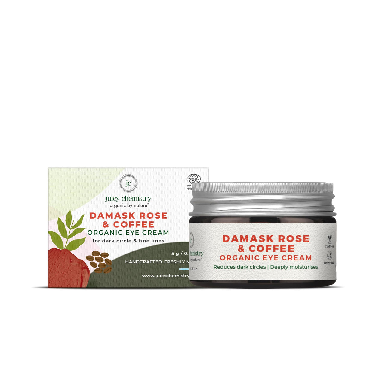 Juicy Chemistry Damask Rose & Coffee Under Eye Cream, 5 g, Caffeine-rich Eye Cream for Dark Circles, Fine Lines & Puffy Under Eyes - Certified Organic Night Eye Cream