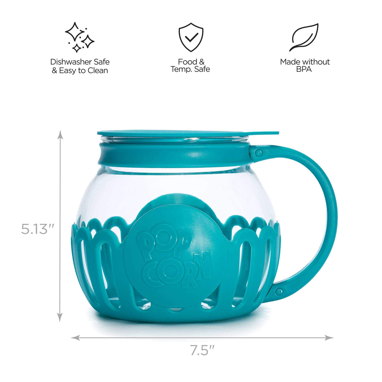 Ecolution Patented Micro-Pop Microwave Popcorn Popper with Temperature Safe Glass, 3-in-1 Lid Measures Kernels and Melts Butter, Made Without BPA, Dishwasher Safe, 1.5-Quart, Teal 1.5-Quart Snack Size