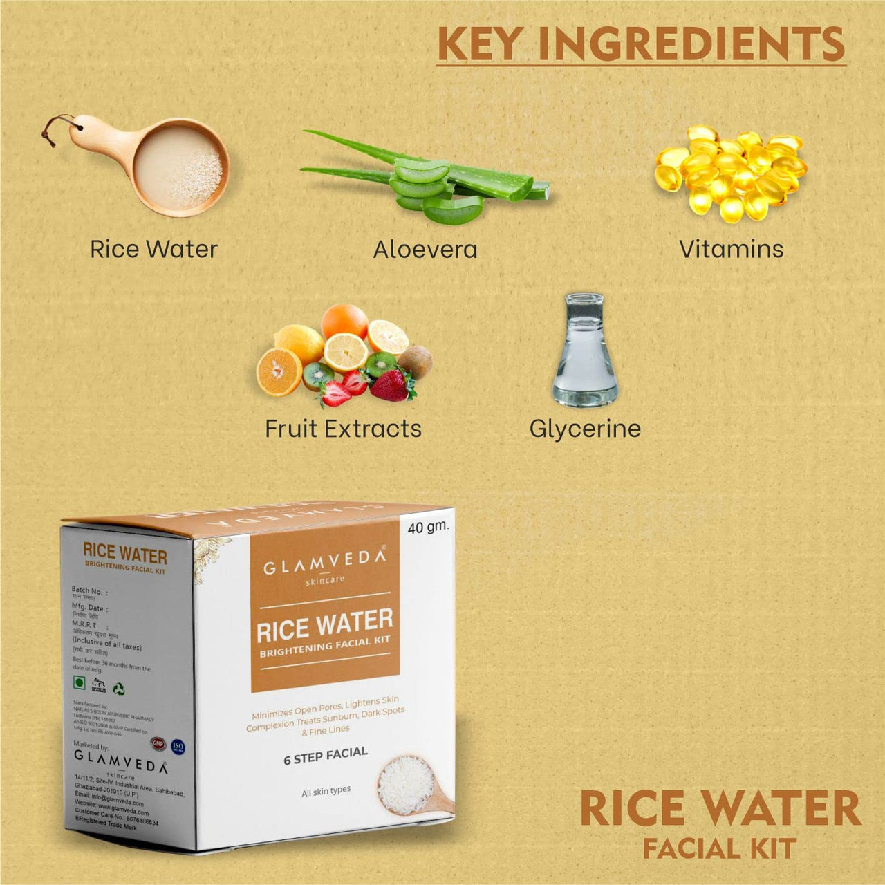 Glamveda Rice Water Brightening Facial Kit Pack Of 2 | 6 Steps Facial Kit | 80 Gm