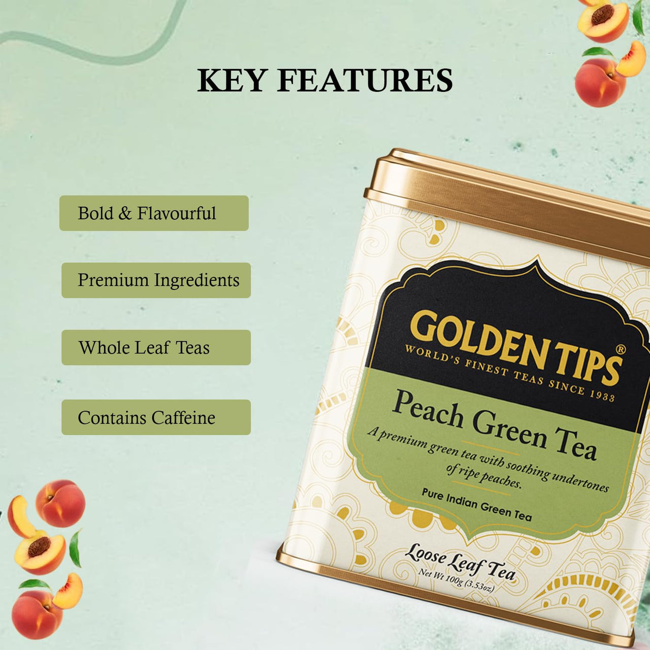 Golden Tips Premium Green Tea with Ripe Peach Flavor, Refreshing Antioxidant-Rich Loose Leaf Tea Tin Can, Aromatic & Fruity with Mild Color, Soothing Aftertaste (100 Gram, 50 cups)