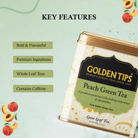 Golden Tips Premium Green Tea with Ripe Peach Flavor, Refreshing Antioxidant-Rich Loose Leaf Tea Tin Can, Aromatic & Fruity with Mild Color, Soothing Aftertaste (100 Gram, 50 cups)