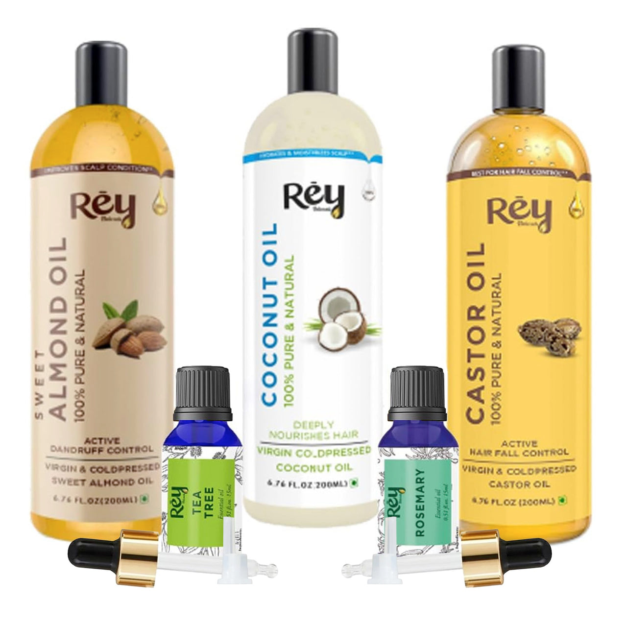 Rey Naturals Complete Hair Care Kit- Castor Oil+Coconut Oil+Almond Oil+Rosemary Oil+Teatree Oil