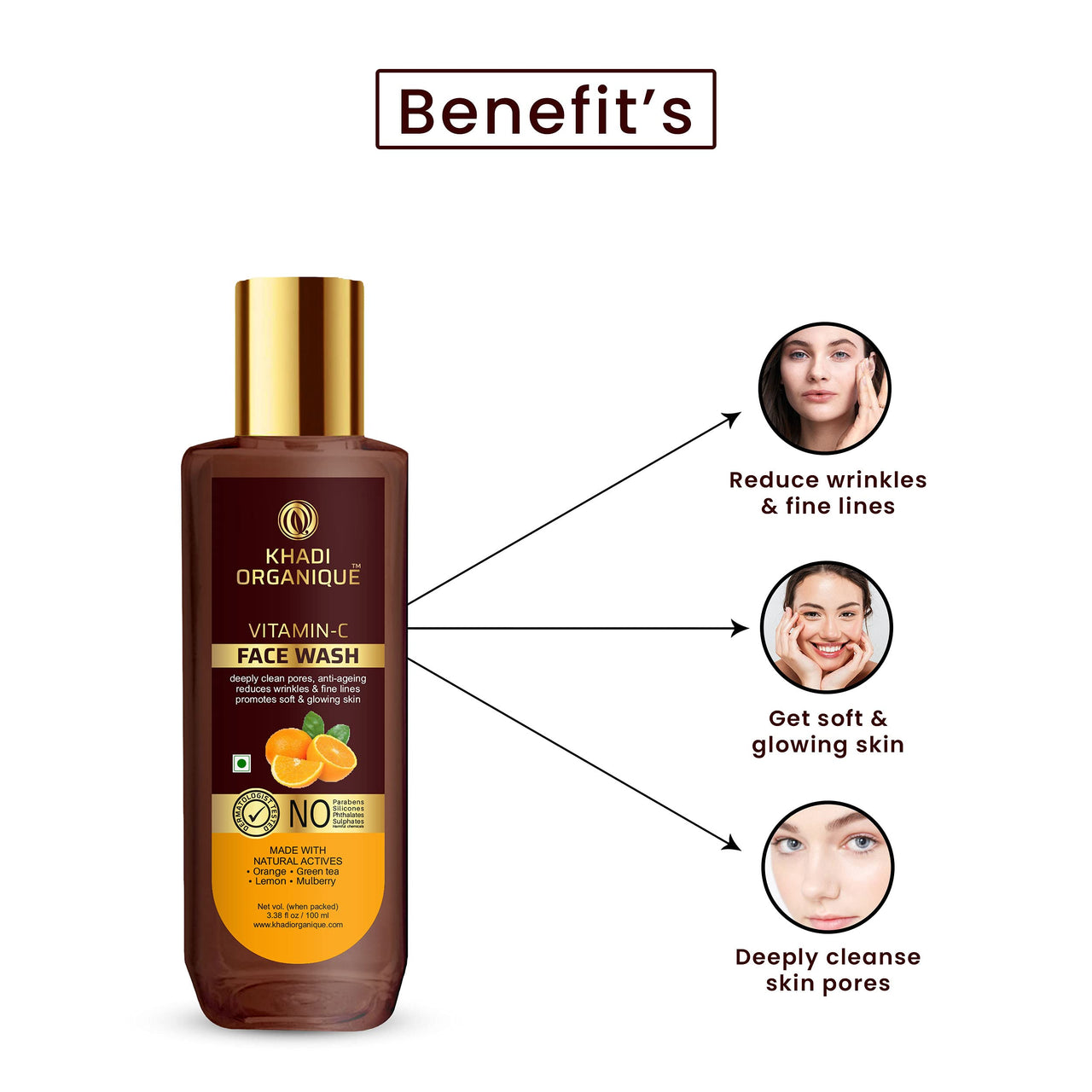 Khadi Organique Vitamin C Natural Face Wash for Glowing & Brightening Skin | Reduces Skin Dullness & Tan | Best Suitable Face Wash for Women & Men of All Skin Types - 100ml